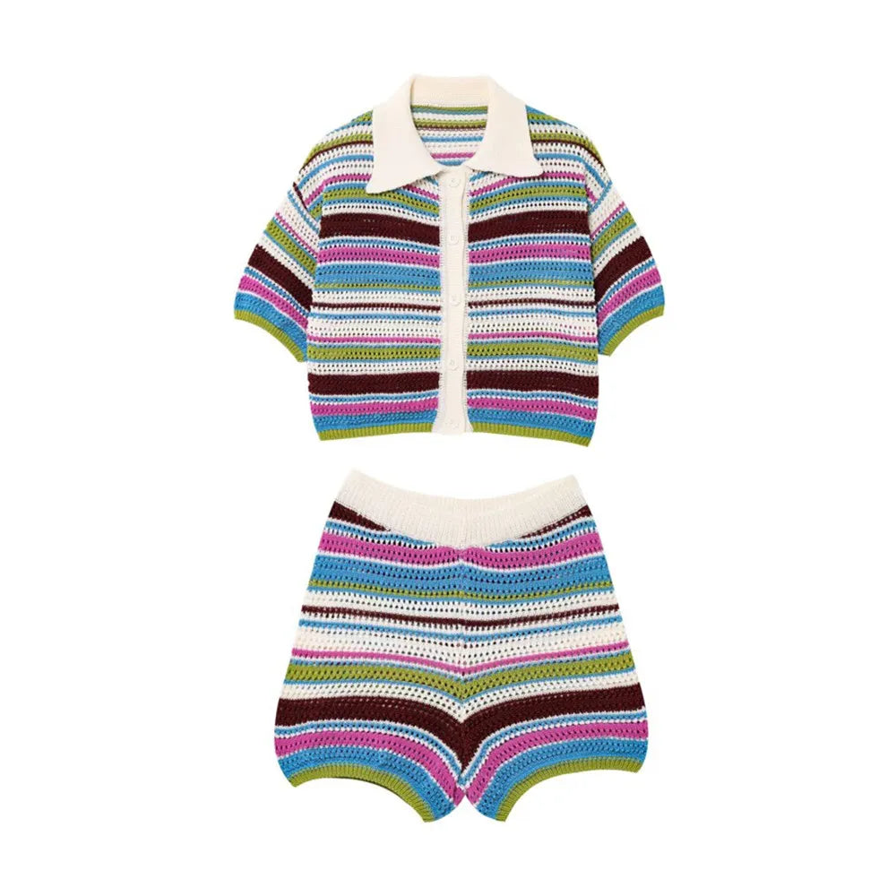 PB&ZA2024 autumn new women's clothing fashion temperament slim fit casual POLO collar short knitted sweater striped shorts set