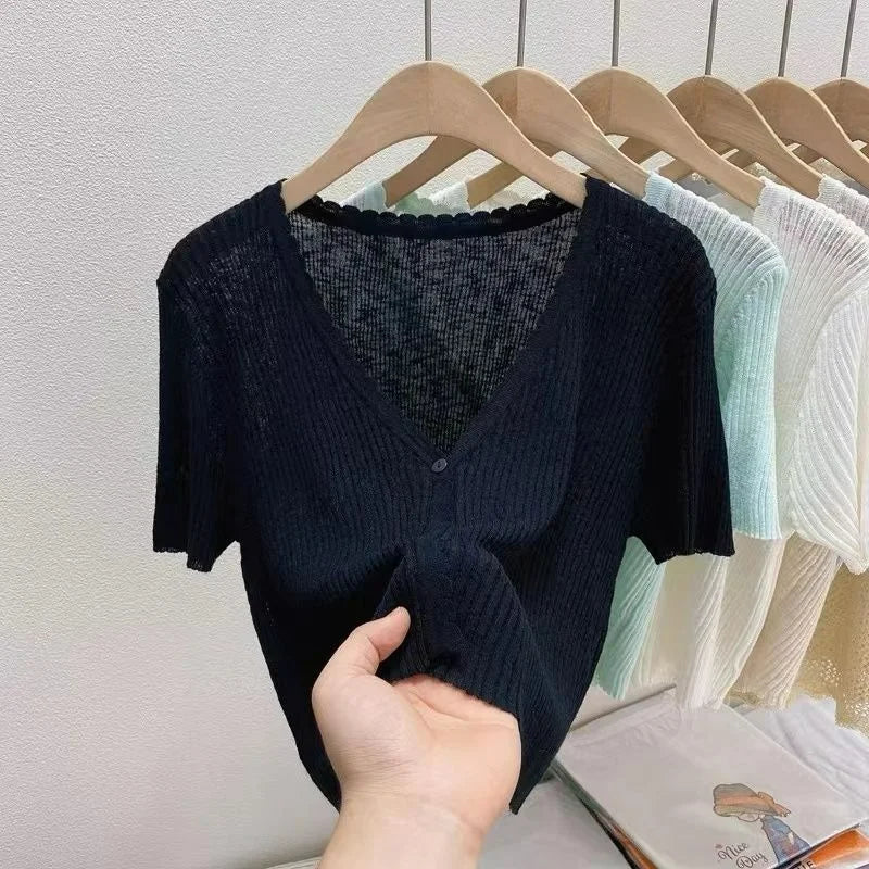 Ice Silk Knitted Cardigan Women's Summer Thin Short-sleeved Outer Wear Sun Protection Short Versatile Simple Commuter Top