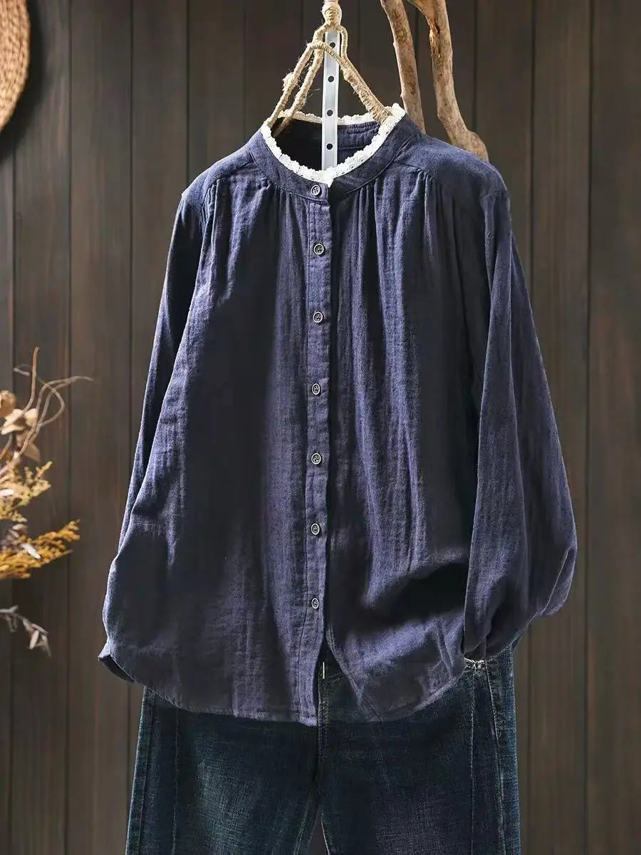 Women Long Sleeve Cotton Shirt New Arrival 2024 Autumn Vintage Style Lace Stand Collar Loose Female Casual Tops Shirts M283