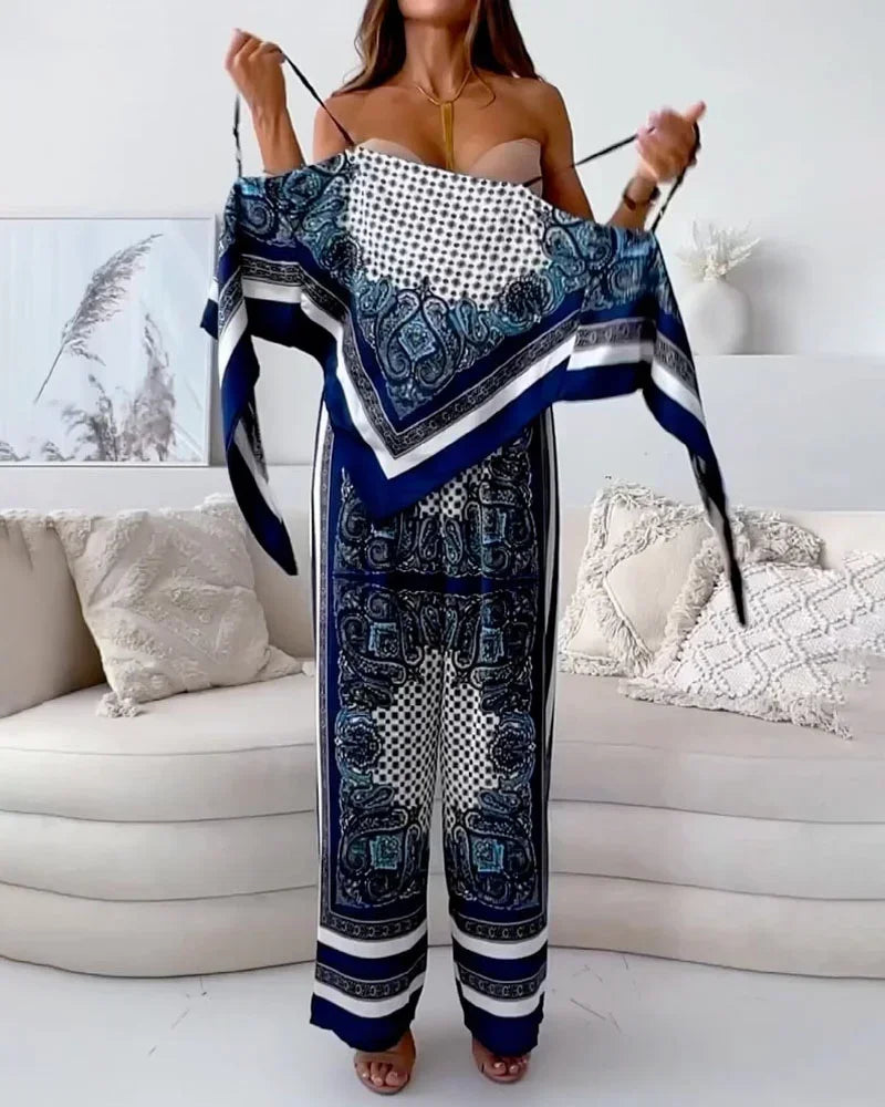 Stylish Printed Lace-Up Vest & Pants Two-Piece Set Summer Satin Print Women Casual Sling Lace Up Top Wide Leg Pants 2 Piece Set