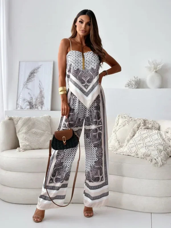 Stylish Printed Lace-Up Vest & Pants Two-Piece Set Summer Satin Print Women Casual Sling Lace Up Top Wide Leg Pants 2 Piece Set