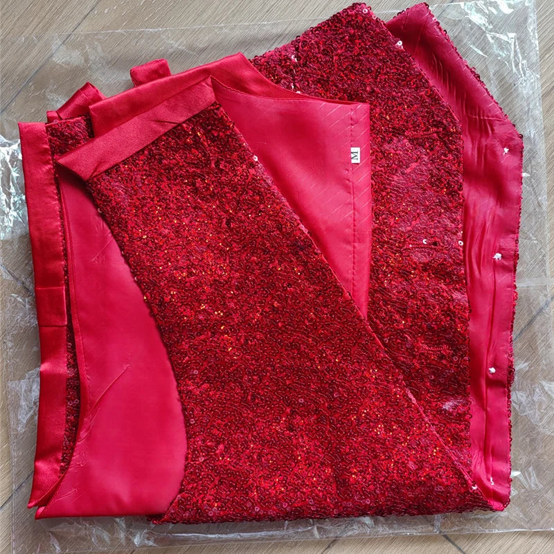 Red Shiny Sequins Single Breasted Sleeveless Vest Men's V-Neck Waistcoat Gold Black White Blue Purple Available M L XL XXL XXXL