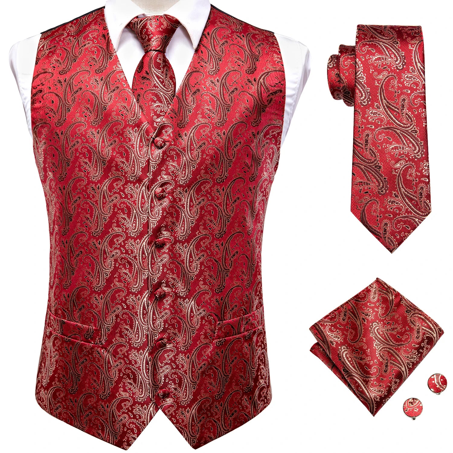Hi-Tie Black Men Silk Vest Paisley Jacquard Necktie Hankerchief Cufflinks Sets Male Sleeveless V-Neck Waistcoat Business Formal