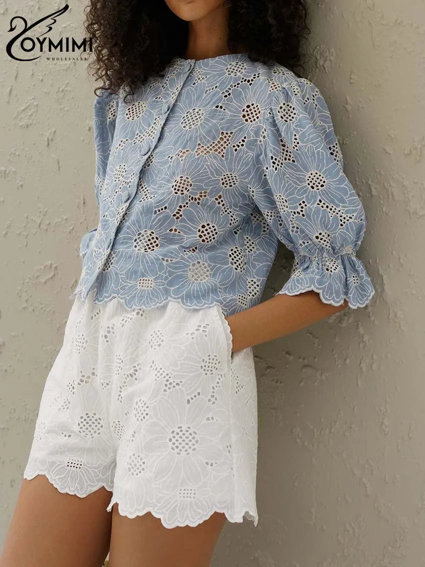 Oymimi Fashion Blue Print Women's Shirt Elegant O-Neck Hollow Out Half Sleeve Shirts Summer Autumn Single Breasted Cotton Shirts