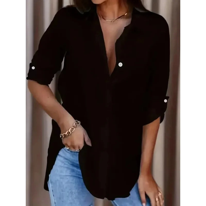 Women's  Plus Size Formal Shirt Plain Long Sleeve Turn DownCollar Button Up Workwear Shirt