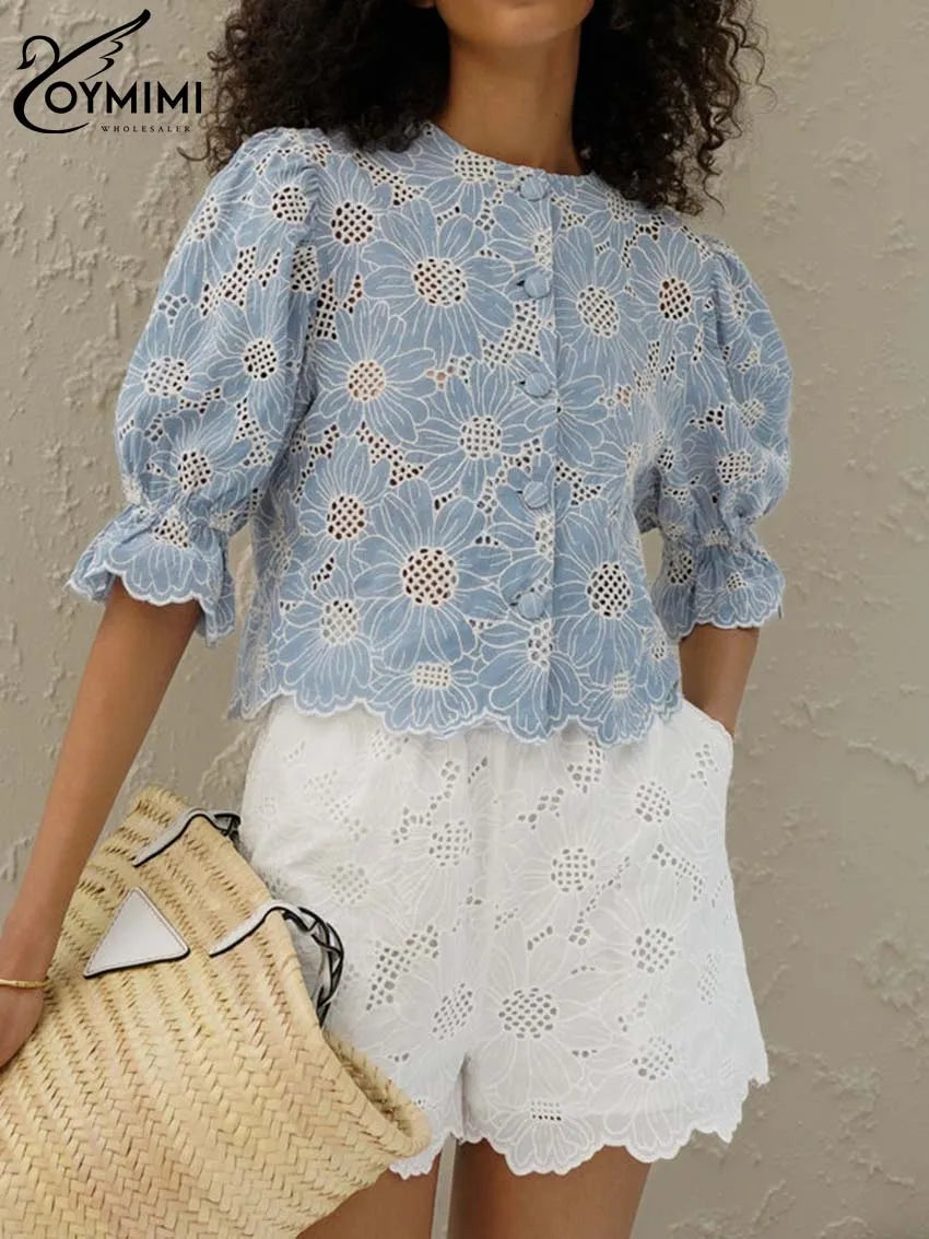 Oymimi Fashion Blue Print Women's Shirt Elegant O-Neck Hollow Out Half Sleeve Shirts Summer Autumn Single Breasted Cotton Shirts
