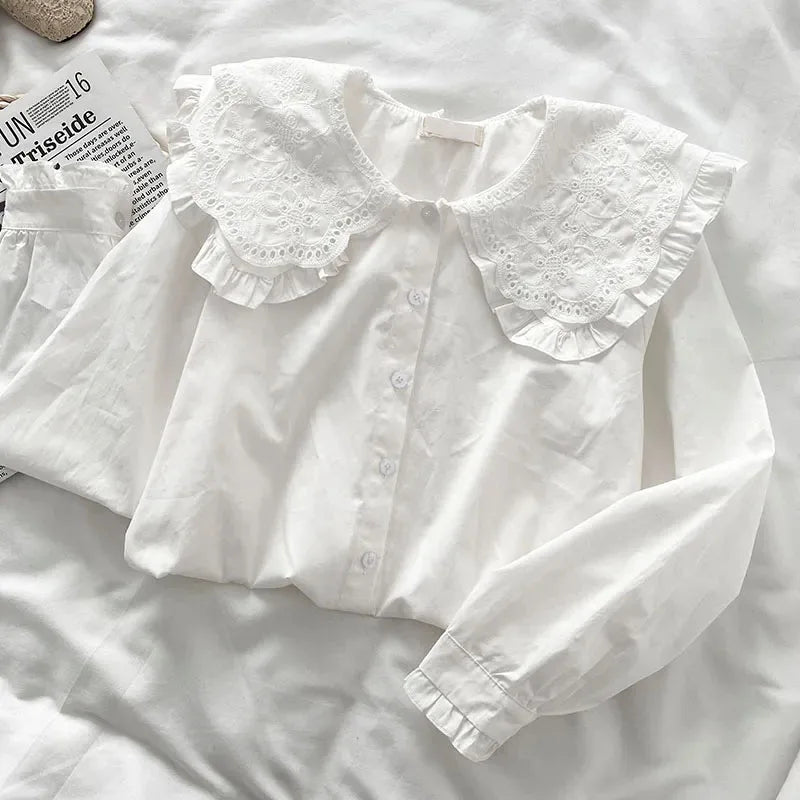 Preppy Style Peter Pan Collar White Shirt Women Spring Summer Long Sleeve Casual Loose Student Blouses Kawaii Button-Up Shirts