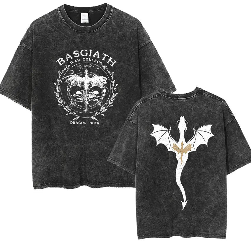 Basgiath War College Vintage Washed  T Shirts Fourth Wing Dragon Rider Print Short Sleeve T-shirt Men's Fashion Oversized Tshirt