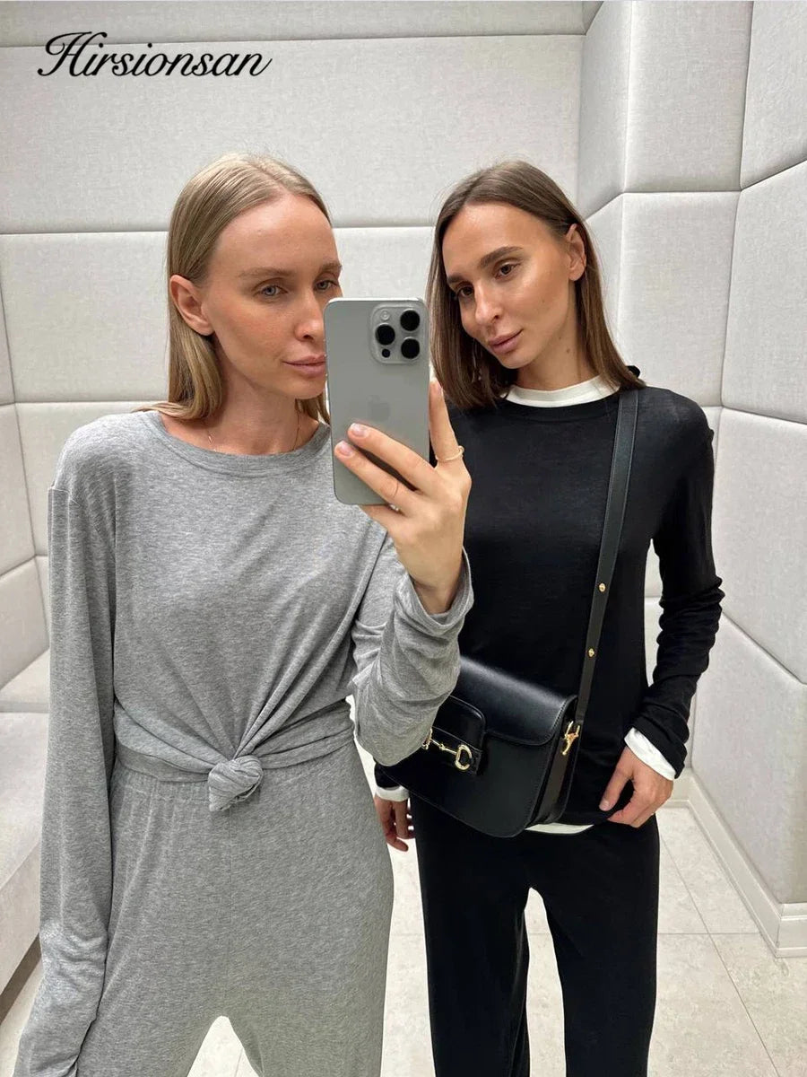 Hirsionsan Modal Soft Loose Sets Women 2025 Casual Two Pieces Long Sleeve T Shirts and High Waist Dresses Outfits Tracksuit
