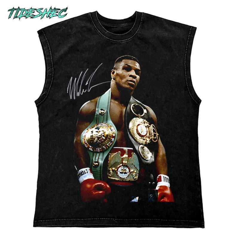 Hip Hop Streetwear T Shirt Men Washed Vest Oversized Cotton Combat Boxing Portrait Graphic Tank Tops 270Gym Tee Top Men Clothing