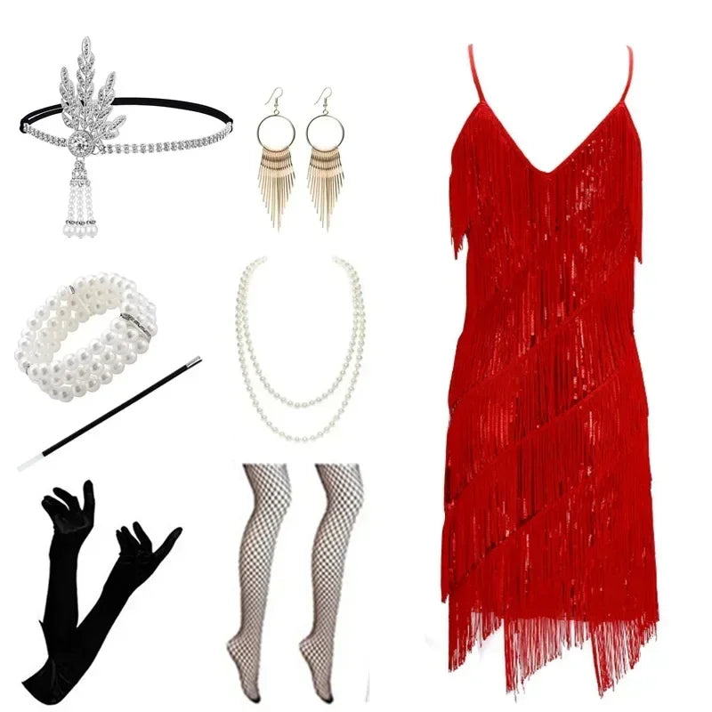 Party Gatsby Dress Evening Ball Gown Bodycon Trend Camisole Tassel Sheath Dress Women Sexy Sequins 1920 Vintage V-neck Dress
