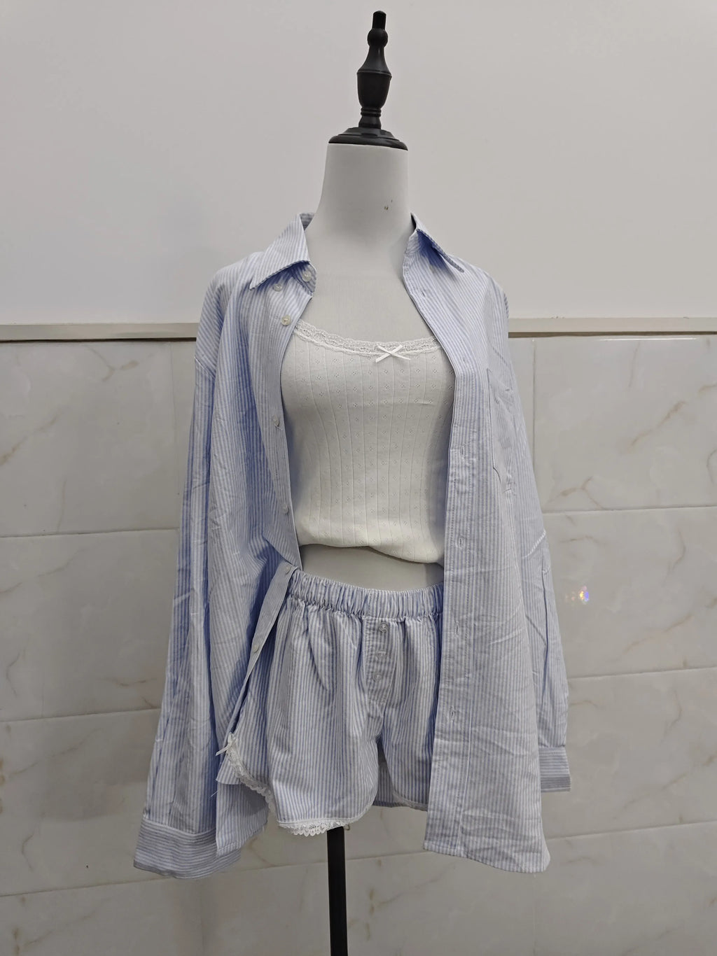 Blue Striped Blouse Shorts Set Woman Lapel Pocket Loose Shirt Drawstring Buttons Straight Short Pants Casual 2 Pieces Set Outfit