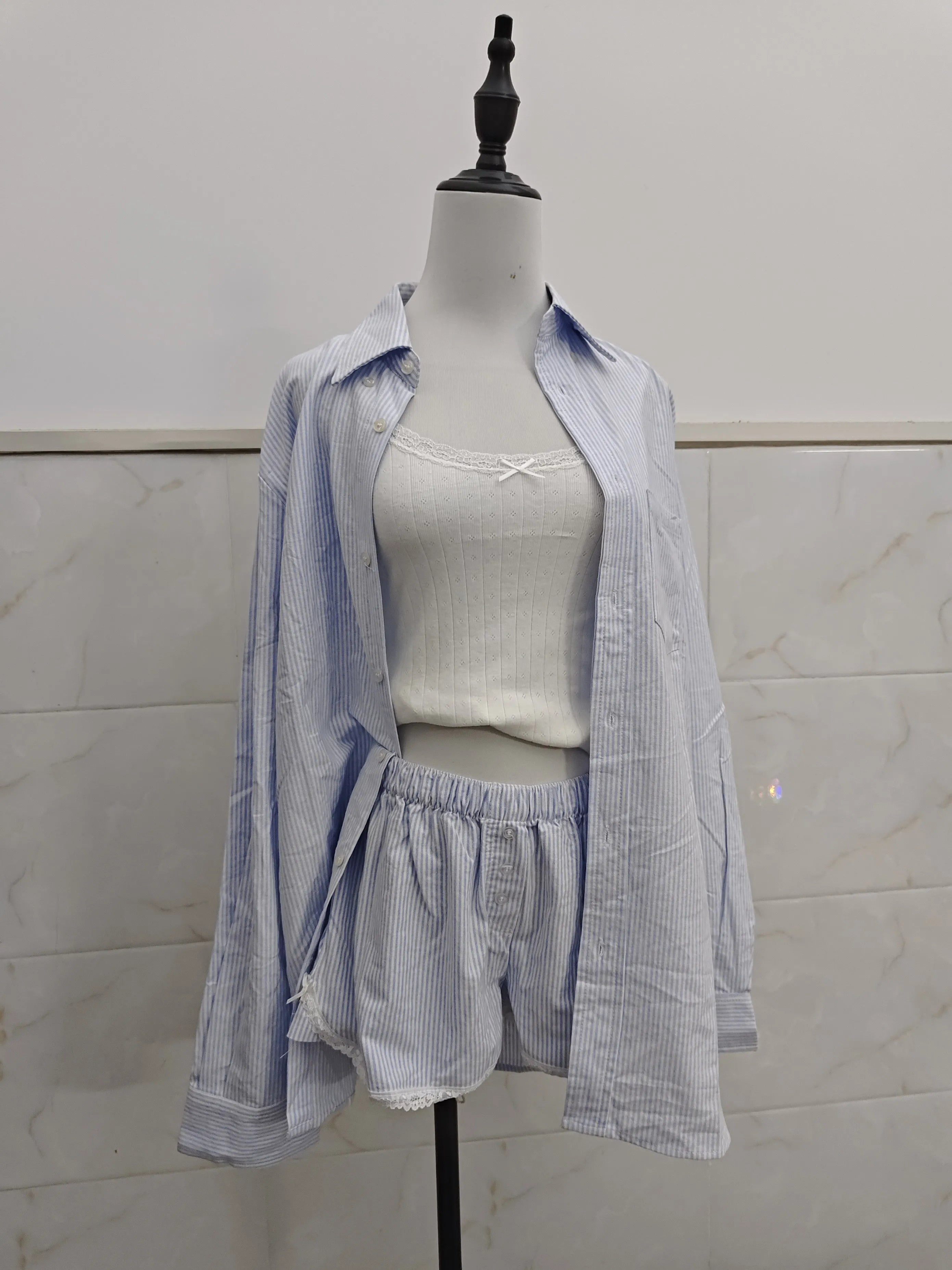 Blue Striped Blouse Shorts Set Woman Lapel Pocket Loose Shirt Drawstring Buttons Straight Short Pants Casual 2 Pieces Set Outfit