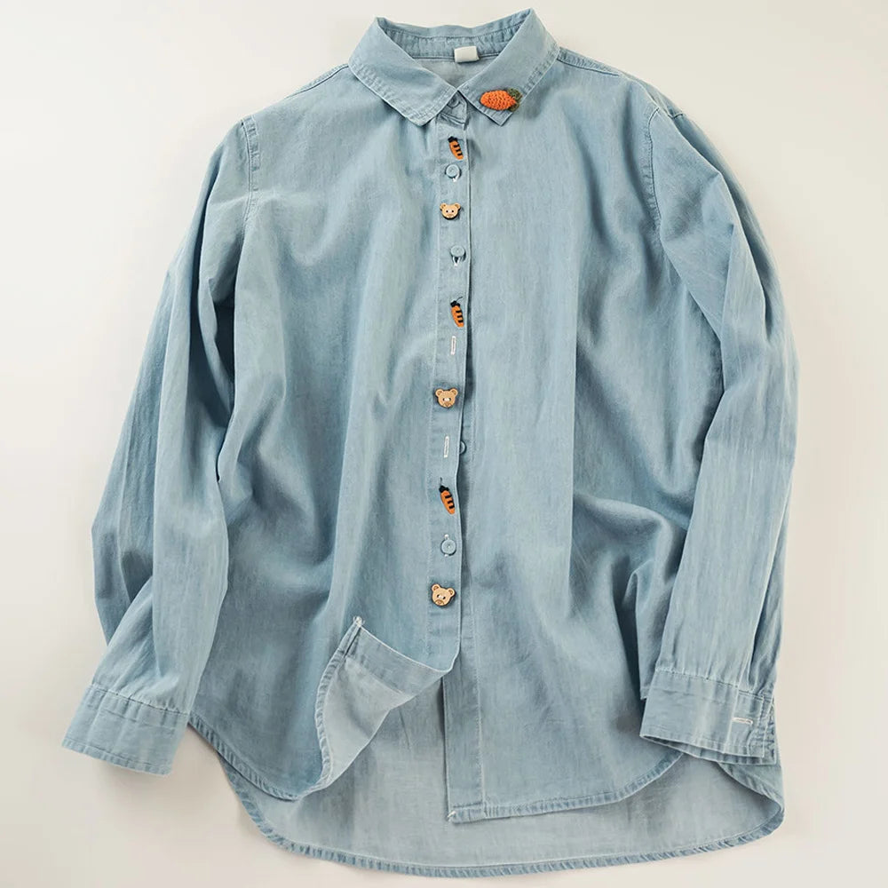 Harajuku fashion cotton denim spring blouses 2025 long sleeve women's embroidered shirts pretty blouses woman jean shirts