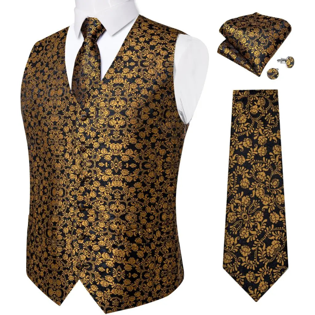 Luxury Silver Gray Paisley Suit Vest Men Tuxedo Blazers Wedding Party Waistcoat Neck Tie Set Casual Sleeveless Jacket
