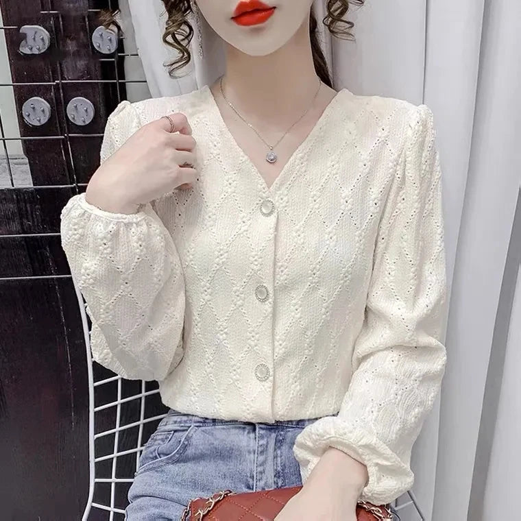 White All-match Fashion Jacquard Open Stitch Shirt Long Sleeve Polo-Neck Office Lady Chic Sexy Spring Autumn Loose Casual Blouse