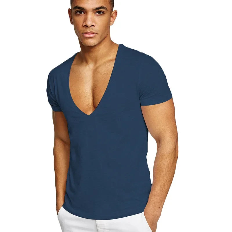 MRMT 2025 Brand New Men's Fitness And Leisure Summer Cotton Sweat-Absorbent Solid Color European Size Deep V-Neck T-Shirt Tops