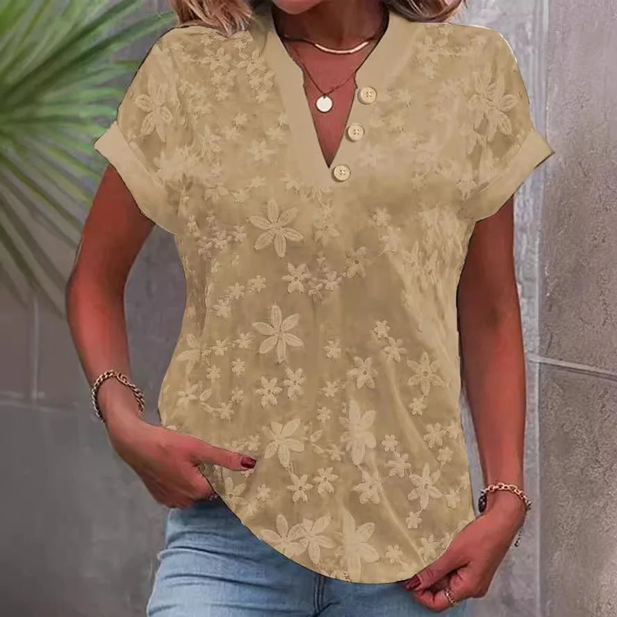 Women Shirt Pullover Solid Blouses Spliced V Neck Shirts Casual Summer 2024 Loose Fit Slight Strech Button Basics Embroidery