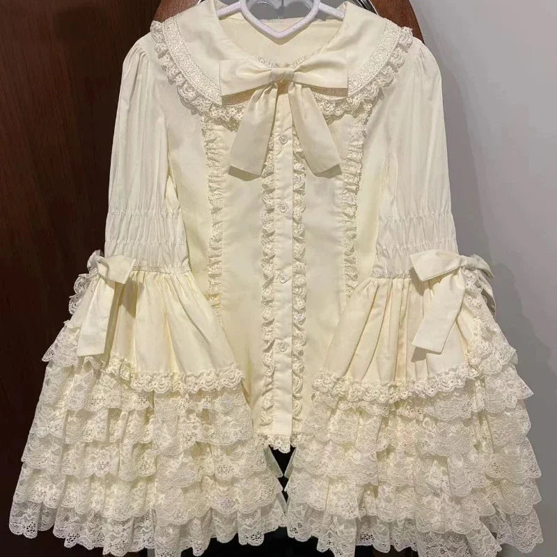 Japanese Y2k Vintage Lolita Shirts Women Korean Sweet Elegant Cute Tops Gothic Y2K Bow Lace Ruffle Flare Long Sleeve Blouse