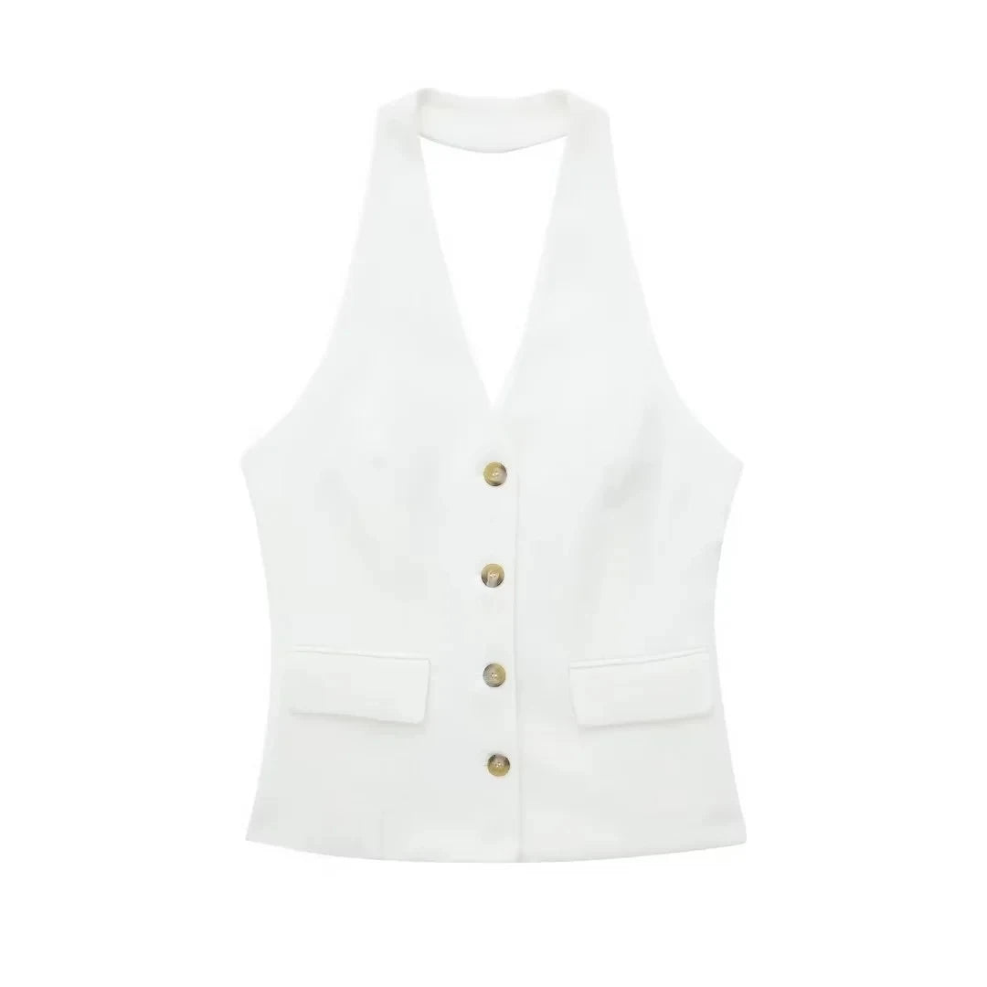 TRAFZA Women Fashion Solid Pant Suit Halter Single Breasted Sleeveless Blazer Vest Top Zipper Fly Trousers Office Lady Sets