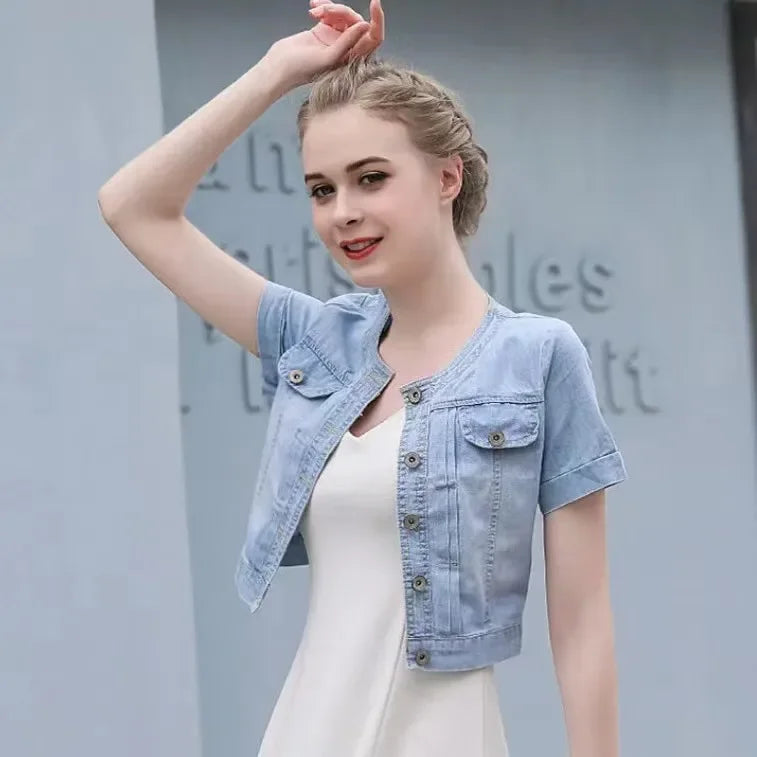 Spring Summer Curly Short Sleeve Thin Denim Jacket Female 6xl fashion Slim Knot Shirt Shawl Women's Outerwear Short Casual Tops