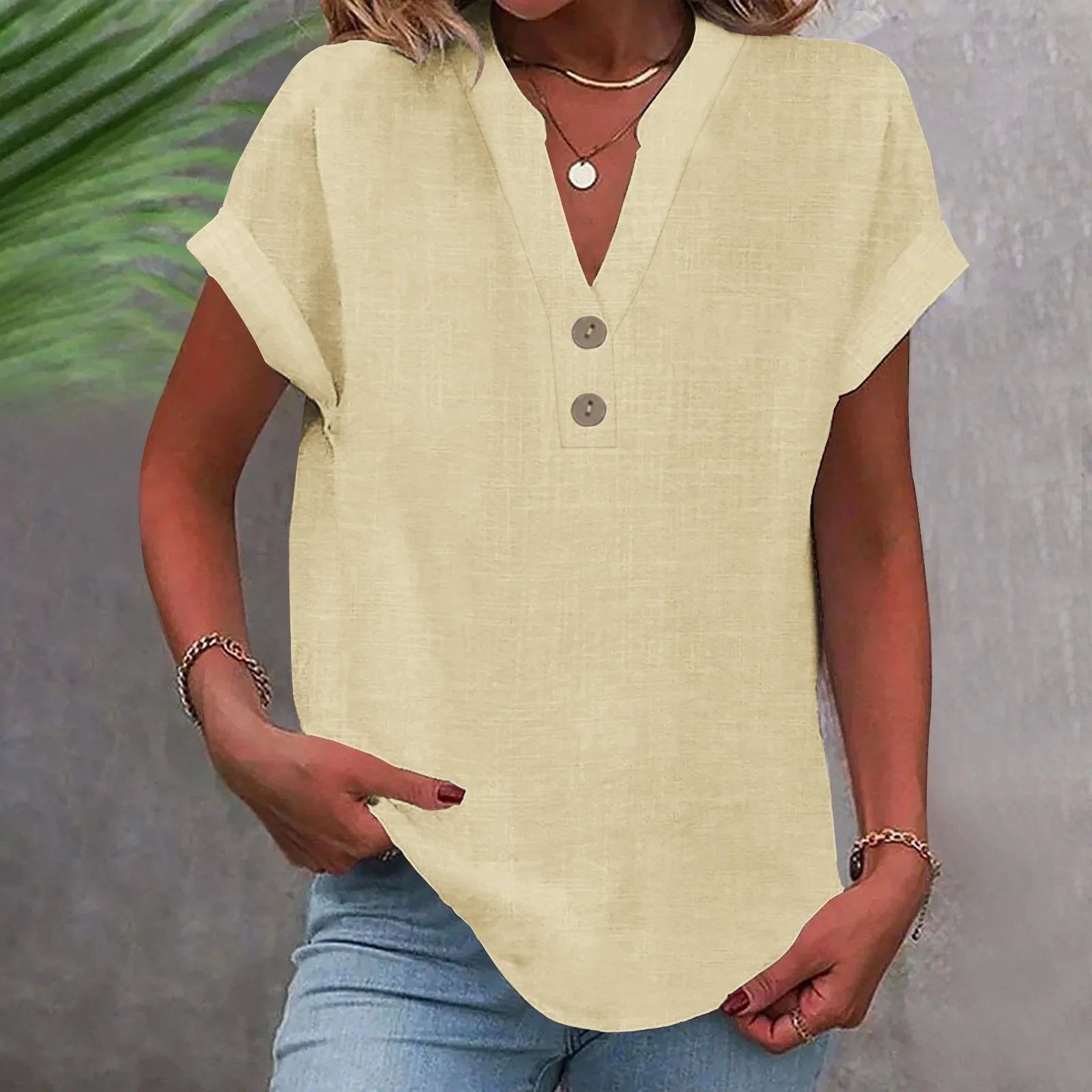 2025 Summer Cotton Linen Breathable Solid Color Button Down V-neck Shirt Basic And Versatile Casual Comfortable Lady Office Tops