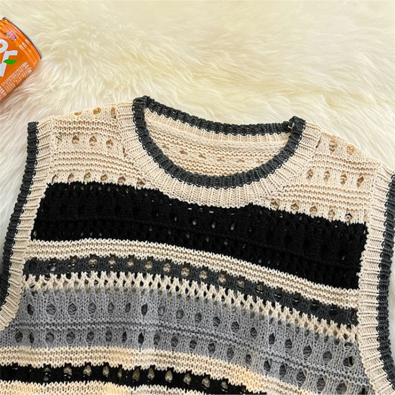 Contrast Striped Hollowed Out Knit Tank Top Men's Oversize Summer Japanese Outerwear Layered Bf Couple Knitwear Sleeveless Top