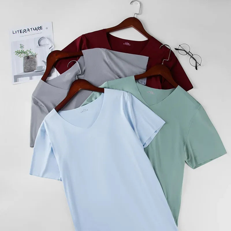 Men's Skinny Undershirt Plus Size Ice Silk Basic Shirts Breathable V-Neck Seamless T-shirt Underwear Thin Slim Bottoming Shirt