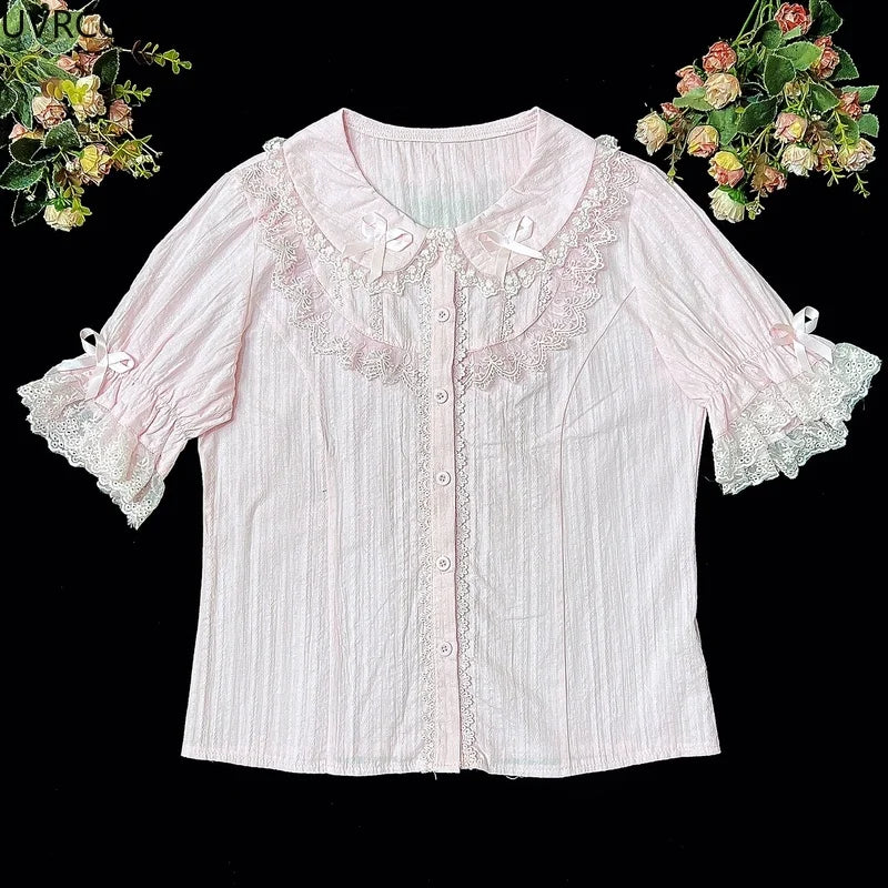 Sweet Lolita Woman Blouses 2022 Loose White Shirt Lace Bow Short Sleeve Tops Women's Korean Clothing Summer Chic Female Blouse