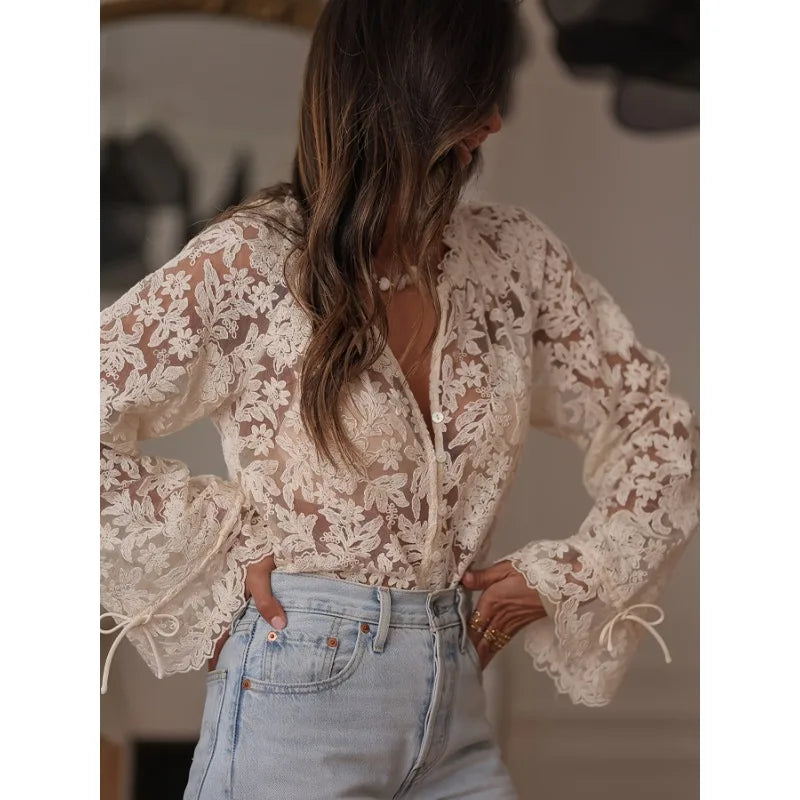 Elegant Lace Sheer Long Petal Sleeve Tops Blouse Women V-Neck Spring Summer Floral Hollow Fairycore Single Breasted Tops Outfit
