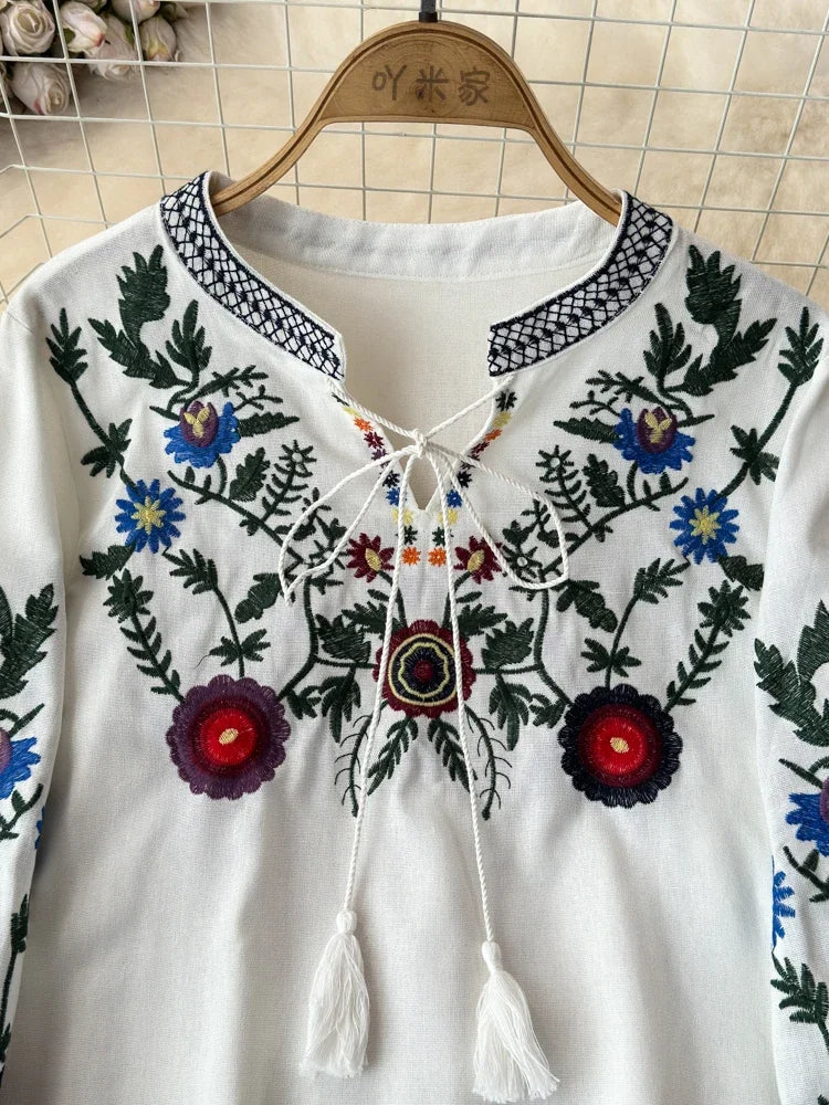 Women's Retro Blouse National Style Embroidered Lace-Up Tassel V-Neck Lantern Sleeve Tops Loose All-Match Female Blusa A21