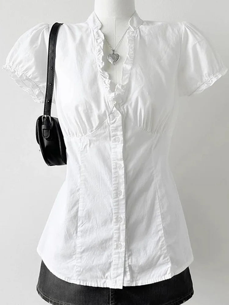 Jmpr Slim V Neck Sweet White Blouse Women Elegant Fashion Korean Short Sleeve Shirt Summer Simple Ruffles Lady Preppy Style Tops