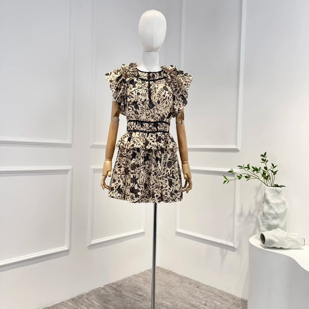 2024 New Spring Summer High Quality Fashion Flower Print Ruffled Woman Beach Style Casural Playsuit