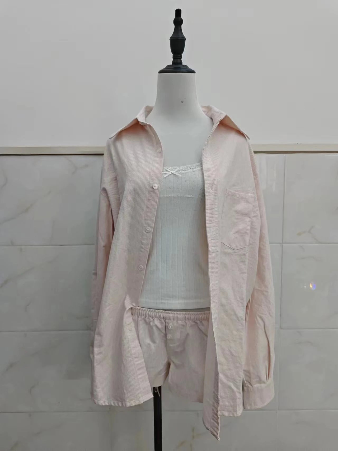 Blue Striped Blouse Shorts Set Woman Lapel Pocket Loose Shirt Drawstring Buttons Straight Short Pants Casual 2 Pieces Set Outfit