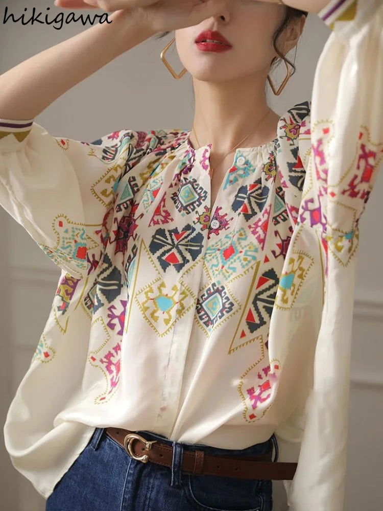 Vintage Blouses Women Clothing Indie Folk 2025 Blusas Mujer De Moda V-neck Print Loose Shirts Chic Summer Korean Blouse Tops