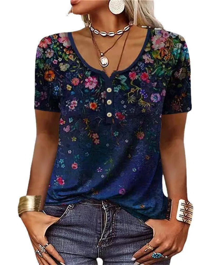 Elegant Shirts For Women Short Sleeve Fashion Ethnic Style Loose Retro Casual Button Blouses 3D Flower Print Loose Summer Tops