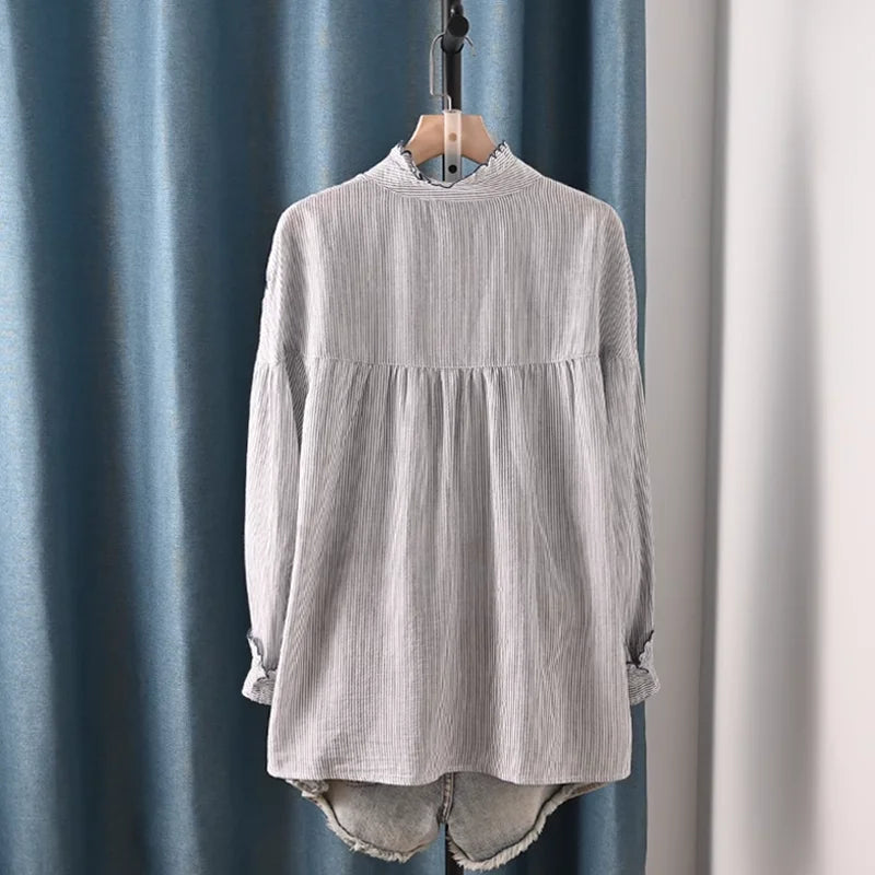 Cotton Yarn Ethnic Blouses Women Tops Elegant Female Blouses Plus Size Stand Collar Embroidery Striped Shirts Vintage Clothing