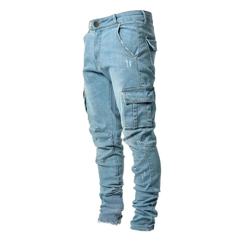 Autumn Winter New Men's Clothing Solid Color Stretch Multi-Bag Skinny Pants Slim Slimming Denim Cargo Pants Jeans