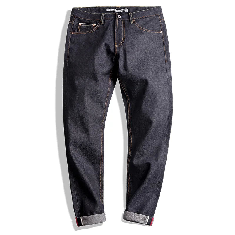 Maden Vintage 14.5oz Selvedge Raw Denim Jeans with YKK Zipper Fly Embroidery Straight Jeans Classic Men's Solid Color Trousers