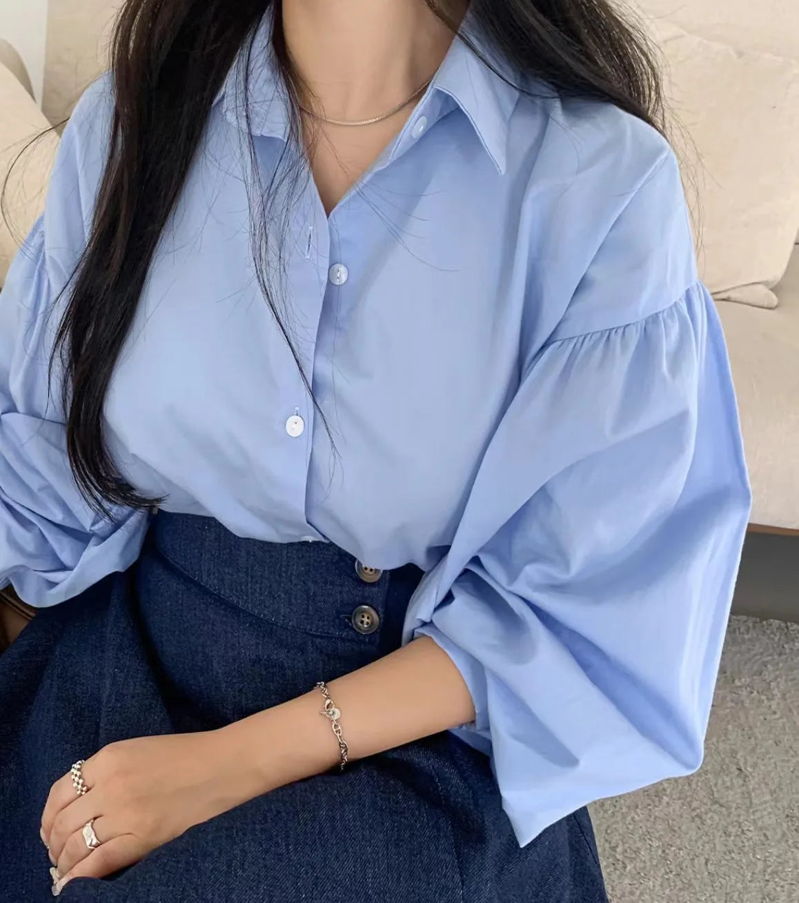 2Colors Korean style long sleeve blouses 2022 Spring Autumn womens Loose Pleated Chiffon tops and blouse Outwear Shirts(C0001)