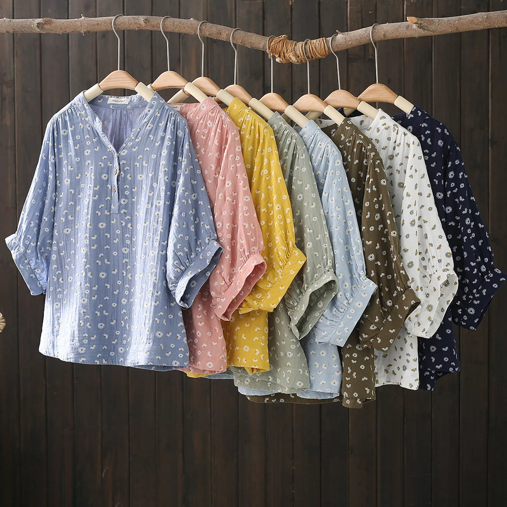100% Cotton Yarn Shirts Large Size Tops Women Pastoral Style V Neck Half Sleeve Printed Shirts and Blouses Middle Aged Women