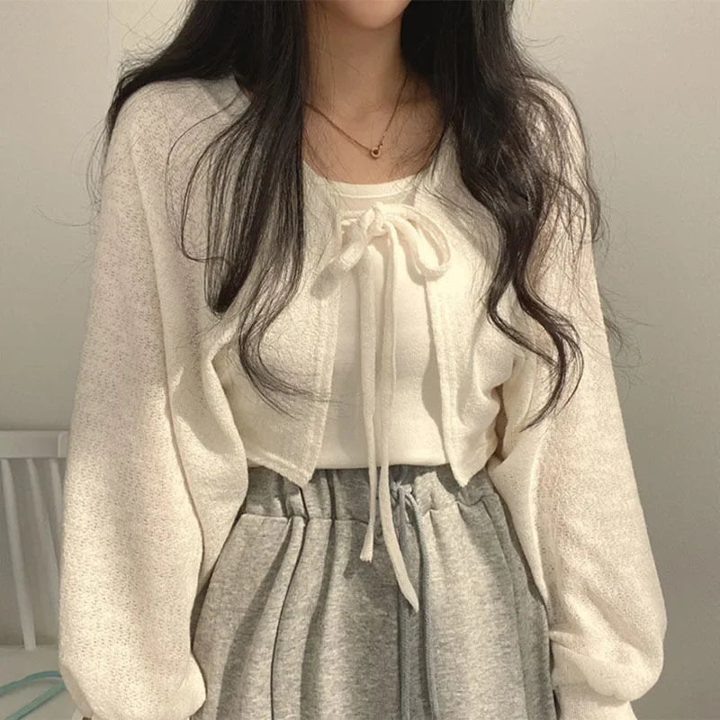 White Knitted Cardigan for Women Summer Thin Sunscreen Lace-Up Knitwear Tops Female Fashion Korean Lantern Sleeve Short Coat
