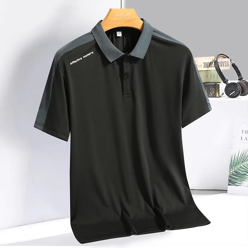Men's Polo collar top with summer ice silk breathable quick drying short sleeved T-shirt patchwork contrasting color polo shirt