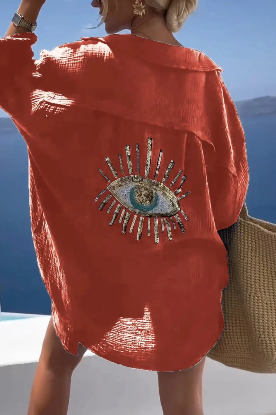 2025 Long Sleeve Loose Shirts Evil Eye Casual Sequin Beaded Shirt Spring Geometric Eye Top Turn-down Collar Button Long Blouse