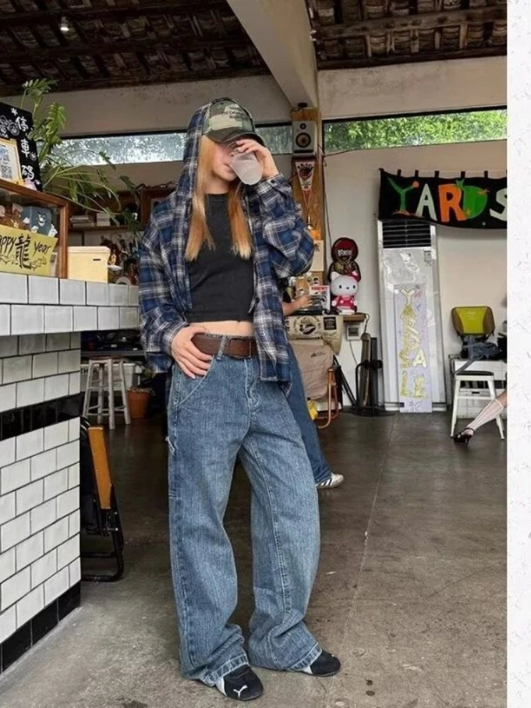 HOUZHOU Vintage Plaid Shirts Women Harajuku Long Sleeve American Style Drawstring Hooded Blouses Loose Casual Streetwear Spring