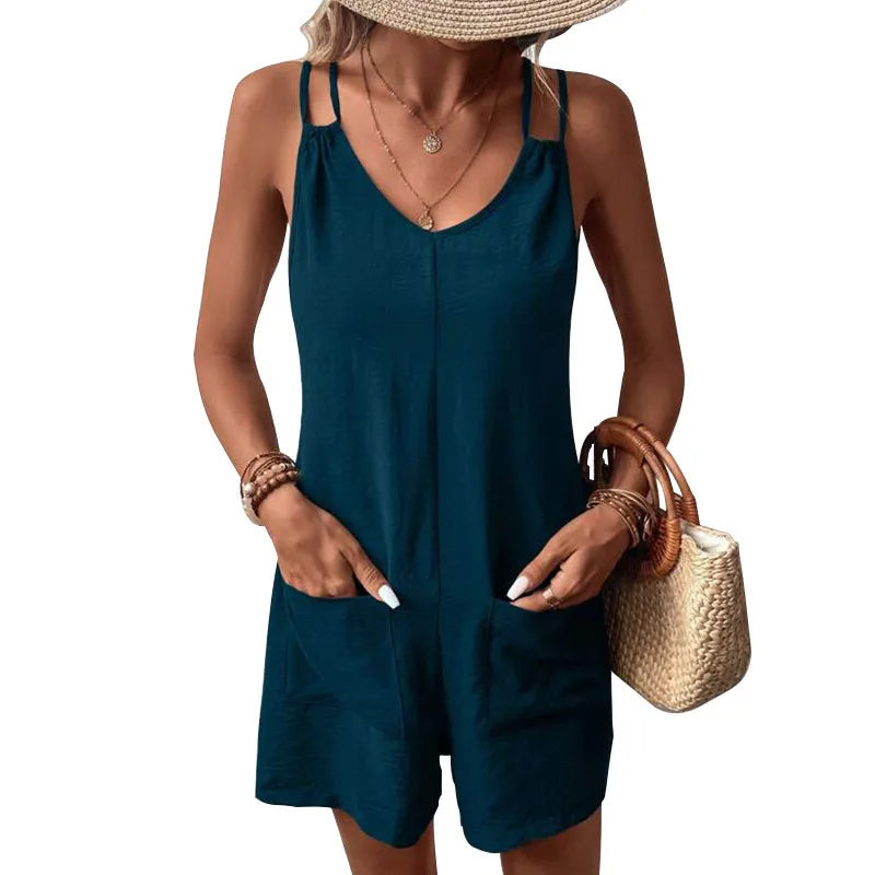 Women's Casual Summer Short Rompers Overalls 2024 Loose Sleeveless Double Sling Strap Jumpsuits with Pockets