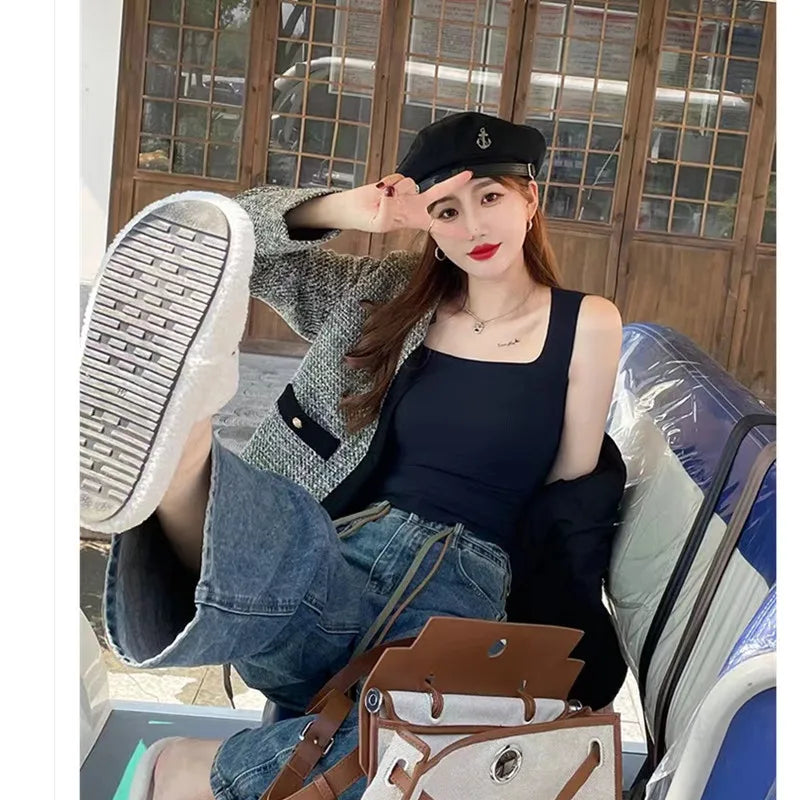 For 40-75kg Ice Silk Plus Size Tank Tops WIth Chest Pad Square Collar Thread One-Piece Cup Seamless Camisole Top For Women