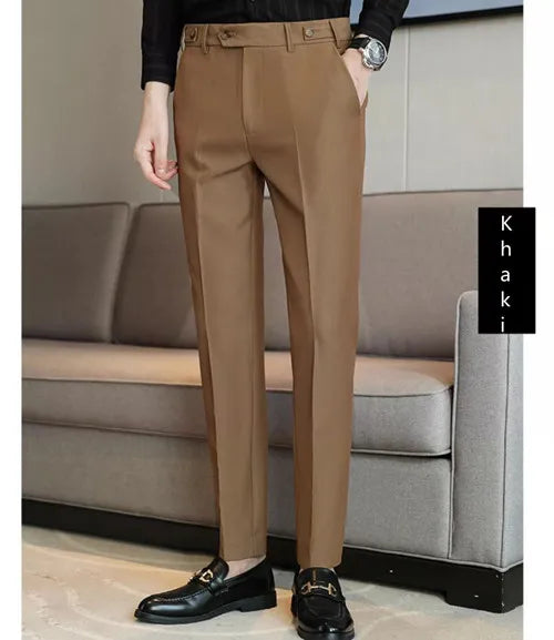 Pure Color Male Business Wedding Dress Pants Fashion Unique Design Men Waist Adjustable Suit Pant No Belt Slim Trousers Homme