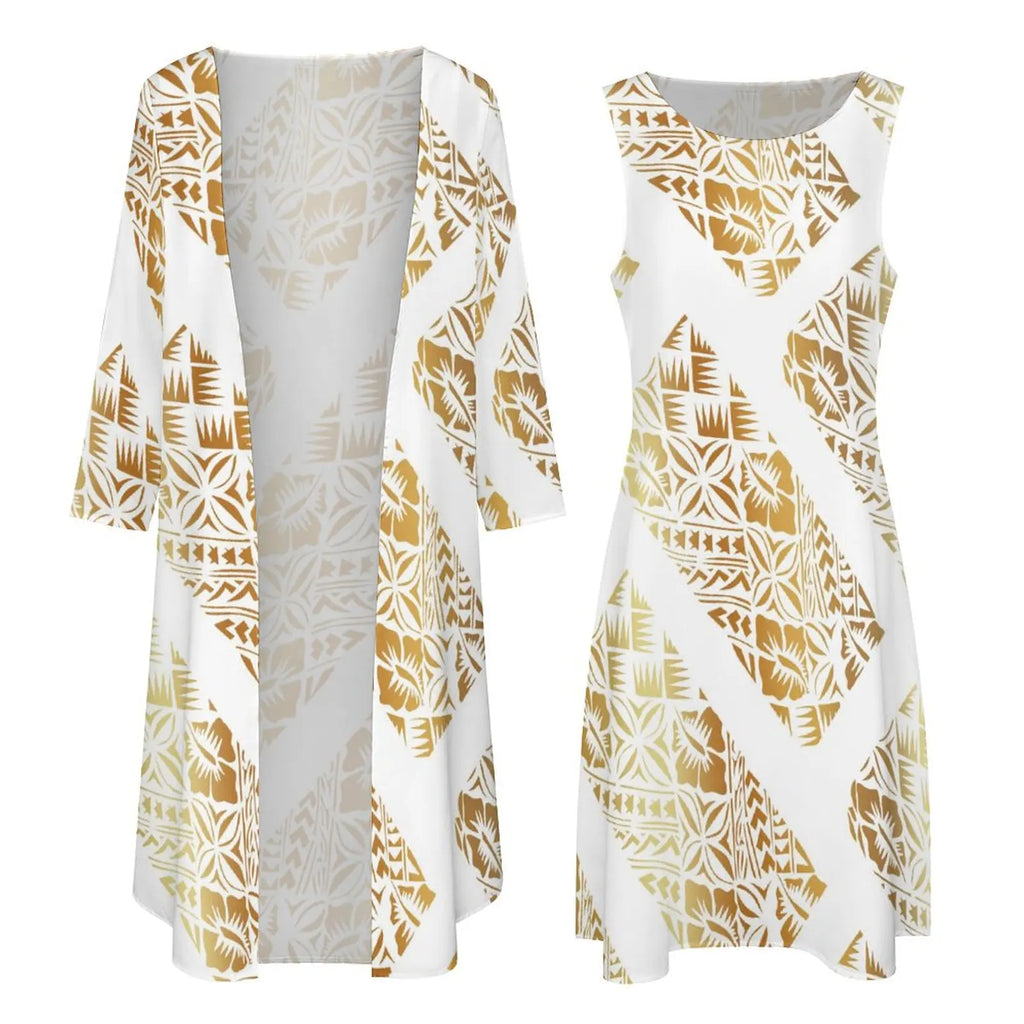 New high stretch two piece dress set women clothing custom Big people polynesian dress & Kimono cloak set women's cardigan suit