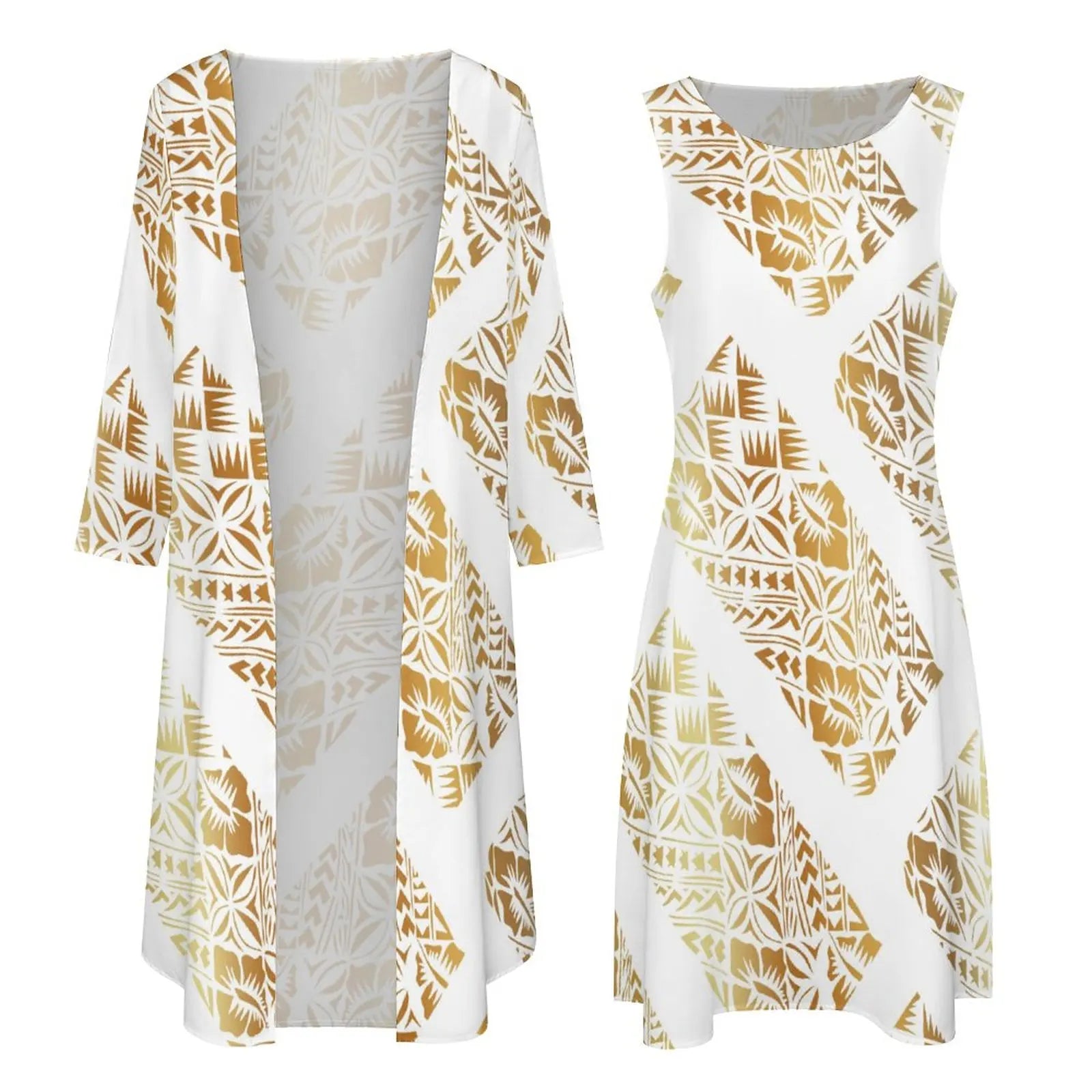 New high stretch two piece dress set women clothing custom Big people polynesian dress & Kimono cloak set women's cardigan suit